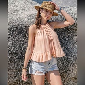 #132 Solid Ruffled Flowy Peachy Top with adjustable tie Halter Neck 100% Viscose